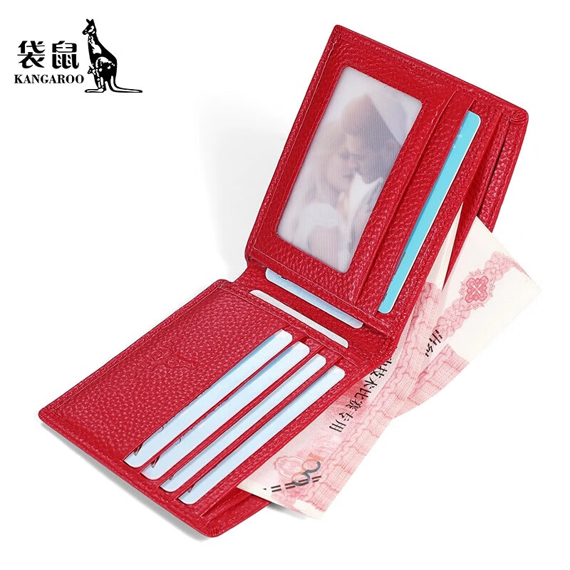 Kangaroo Women's Wallet Genuine Leather Short Wallet 2025 New Style Small Cute Simple Student Thin Folding Wallet Coin Purse Red