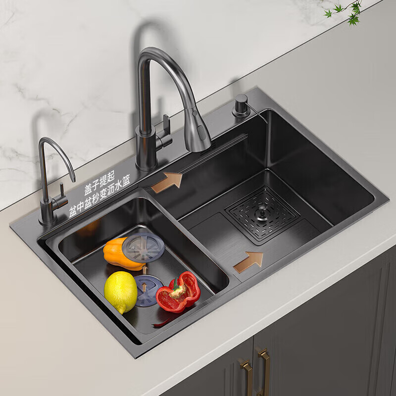 Jiumuwang Kitchen Large Single Slot Integrated Basin 304 Stainless Steel Sink Sink Multi-Function Dish Basin 60X45 Gun Gray Pull-out Faucet Package