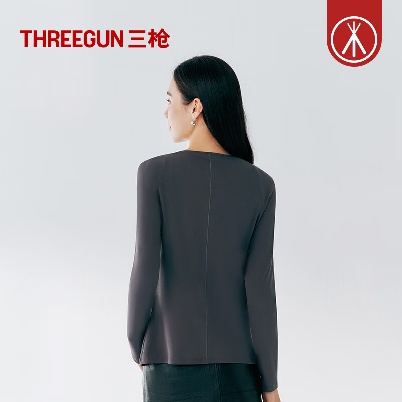 THREEGUN Shanghai Fashion Week Show Style Basic Base Layer Women's 120 Count Long Staple Cotton One-line Collar Long Sleeve Base Layer Dark European Gray M
