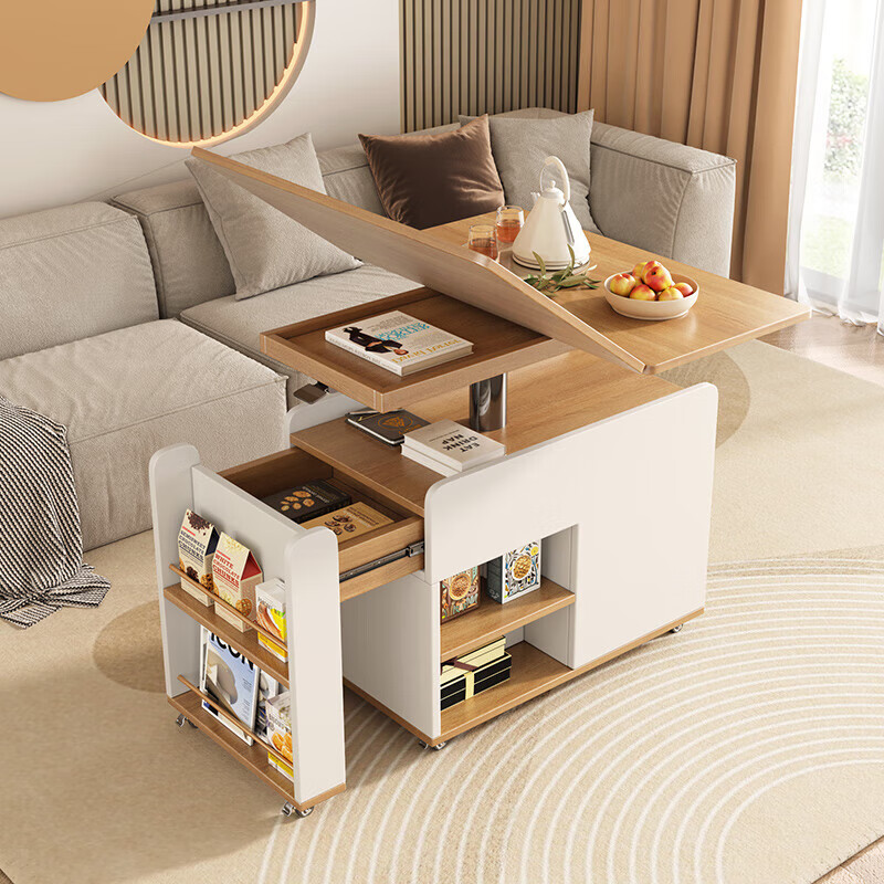 KNSJ Rotating Folding Coffee Table Telescopic Dining Table Living Room Sofa Side Multiple Simple Functions Trolley Movable Tea Cabinet Rotating Folding Coffee Table Wood Color
