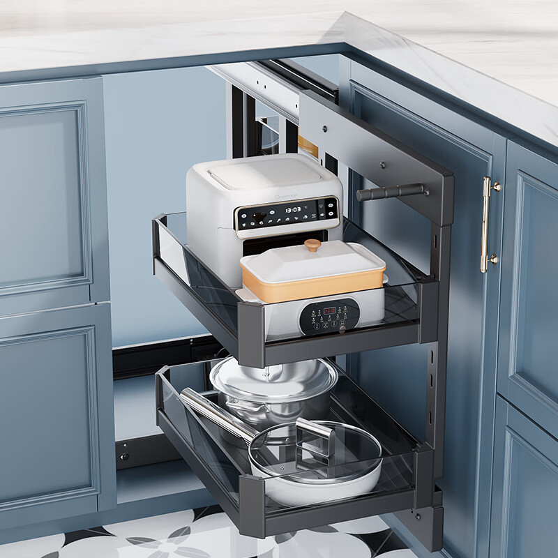 Huili Customized Kitchen Cabinet Corner Basket Full Pull-Out Little Monster Kitchen Built-in Bowl Basket Bowl Rack Rotating Seasoning Basket 400 Cabinets (Corner Door Panel Width) - Full Pull-Out Corner Multi-layer Open Door Type