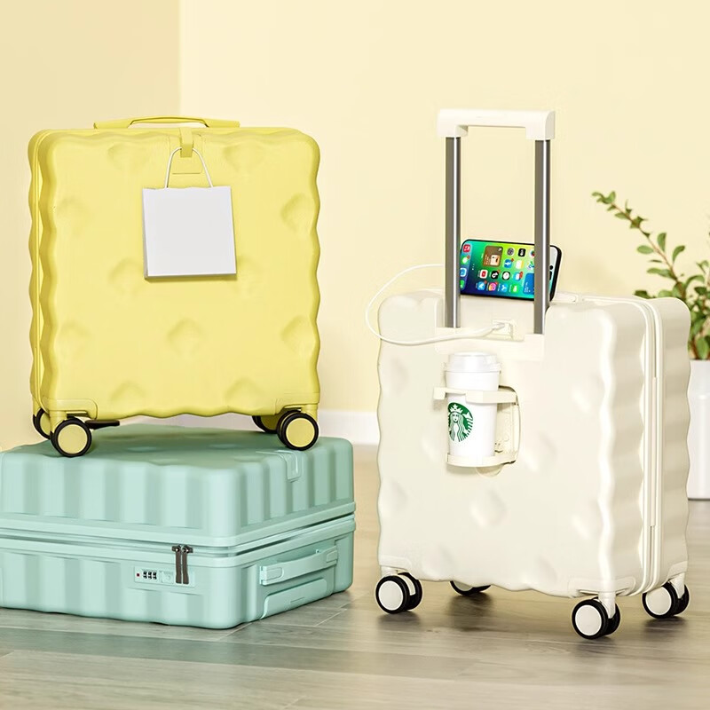 Kangaroo suitcase 18-inch small biscuit style boarding trolley case multi-functional suitcase password box boarding suitcase lemon yellow strong and durable thickened 18-inch hook + cup holder + charging port