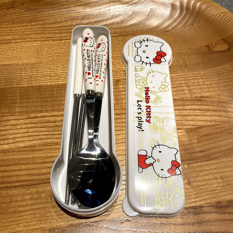 Complete Hello Kitty tableware set, stainless steel fork and spoon, student plastic handle, Hello Kitty chopsticks, KT cat spoon + chopsticks + fork (free box)