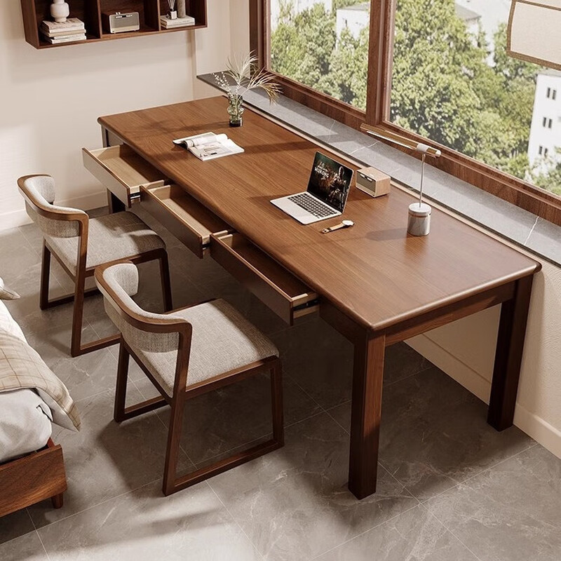 Juruman solid wood desk with drawers, wall-mounted computer desk, study room, home office desk, study table, double long strip table, window side table, table 140*50*75, thickness 5cm, two drawers