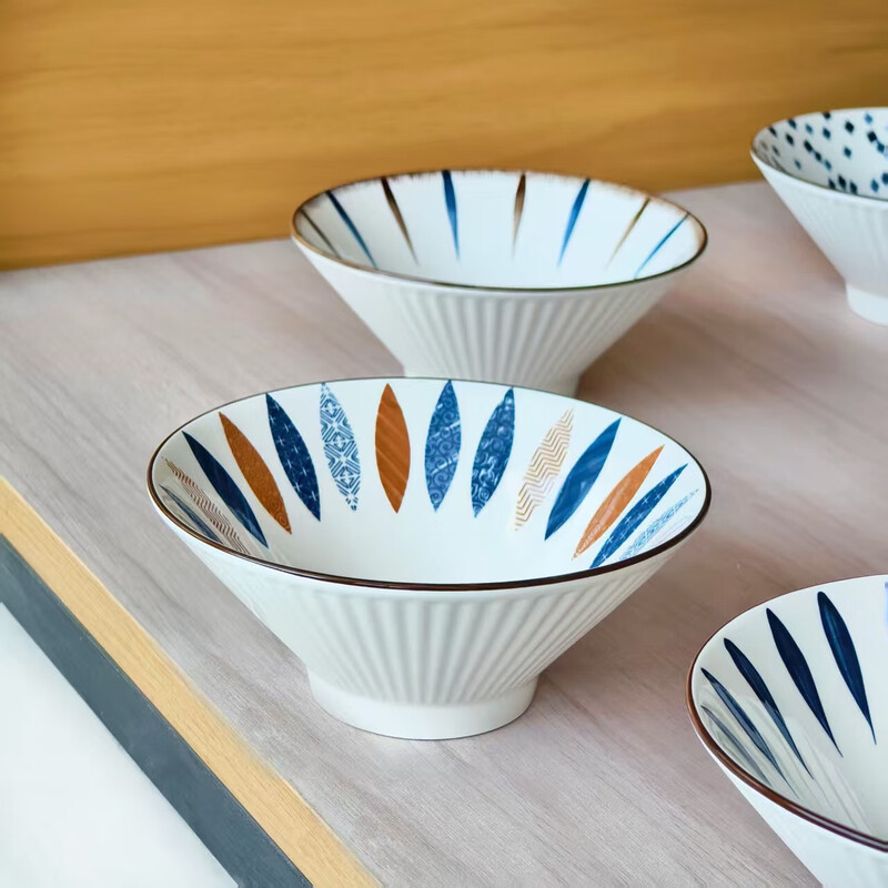 Nordic style 7-inch ramen bamboo hat ceramic instant noodle bowl tableware household Japanese soup bowl high foot color craft Japanese 7-inch bamboo hat bowl color 1 pack