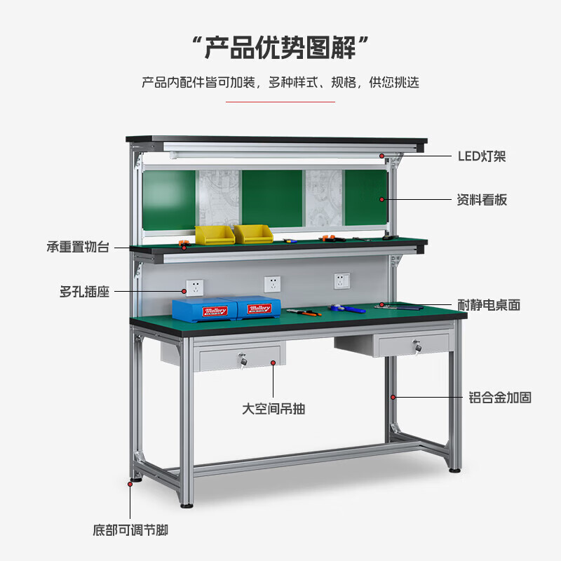 Kegan diy aluminum alloy anti-static workbench aluminum profile operating table computer desk workshop factory assembly line assembly table repair table can be customized including accessories 2000*600*1600 double drawer
