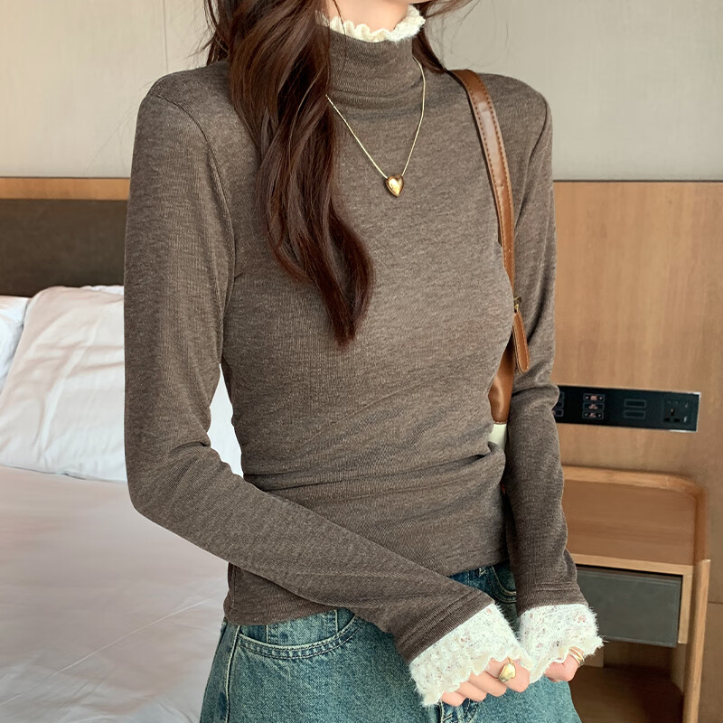 Langsha patchwork lace half turtleneck bottoming shirt for women in autumn and winter 2025 new brushed slim fit warm top