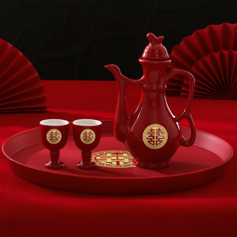 Qinkai Wedding Toast Cup Wedding Banquet Ceramic Wine Pot Chinese Wedding Cup Wine Divider Festive Set Chinese Red Wine Set Gold Bottom Grand Birthday 1 Pot + 2 Cups + Round Tray
