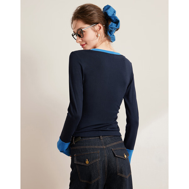 Bailuyu Contrast Color Splicing Half Placket T-shirt Autumn New Simple Slim Fit Long Sleeve Top Women Navy Blue M