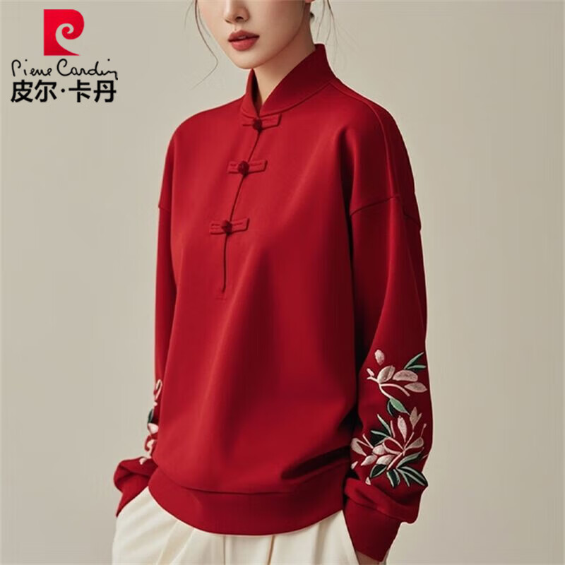 Pierka Dandelong New Chinese Style Embroidered Stand Collar Sweater Women's Autumn and Winter New Ancora Red National Style Disk Button Warm Long Sleeve Top W832 Red German Velvet Warm 2XL Recommended 130-150 catties