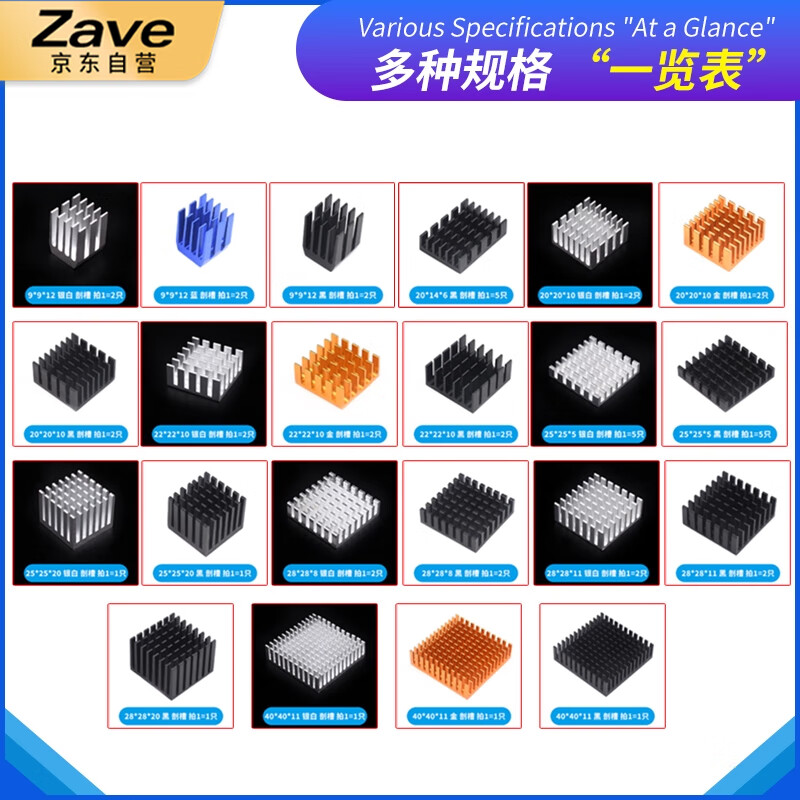 ZAVE routing CPU aluminum heat sink 25*25*5 silver white slotted (5 pieces)