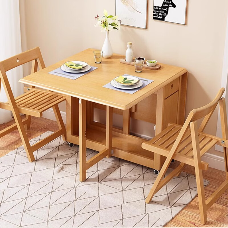 Fanjia all solid wood folding dining table and chair combination sideboard rectangular dining table mobile simple small apartment retractable walnut color one table + six chairs 145CM