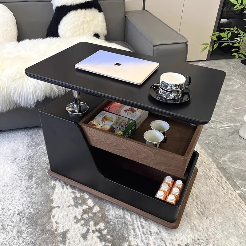 Hantang Yun lifting slate living room side table movable sofa side table bedside cabinet high-end trolley coffee table storage rack 3024 black + walnut color movable
