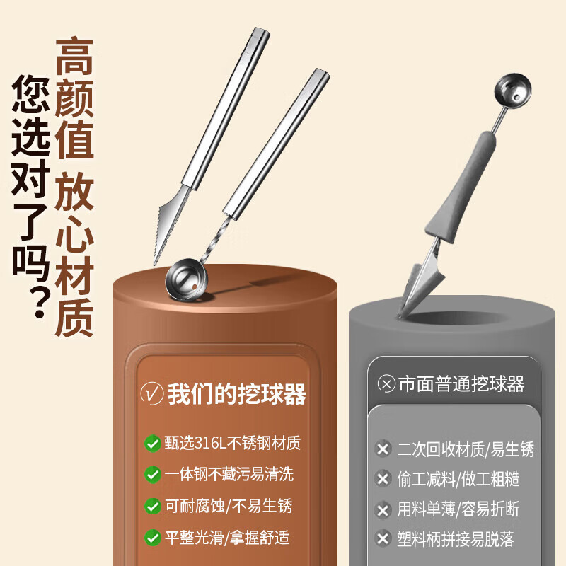 Miling fruit scooper 316 stainless steel platter tool for cutting watermelon multifunctional spoon splitting carving knife set for presentation 316L all steel scoop round small size