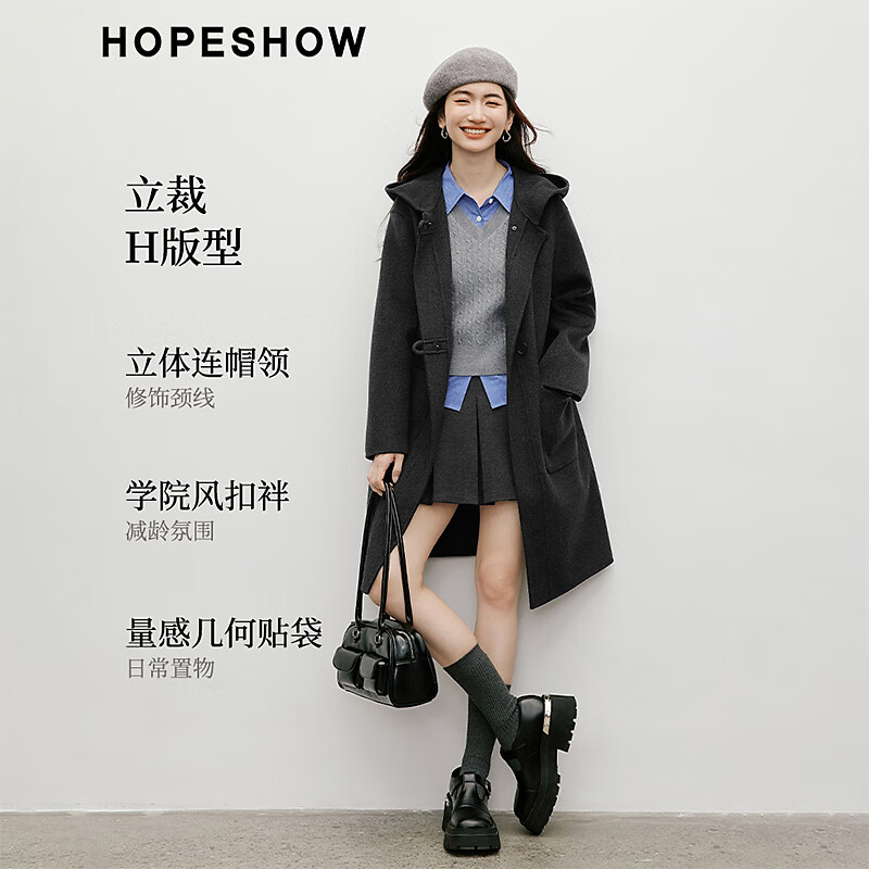 Red sleeve MIU college style woolen coat 2025 winter new women's hooded temperament mid-length double-sided woolen coat dark gray 080 M