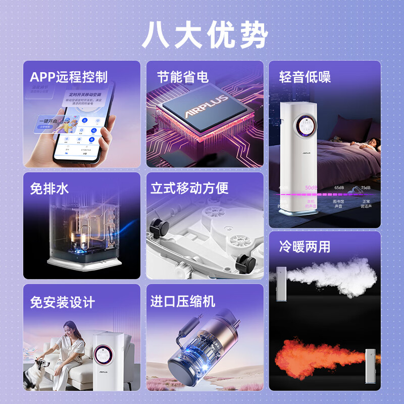 AIRPLUS mobile air conditioner, heating and cooling machine, portable compressor, refrigeration air conditioner, home kitchen, living room, rental room air conditioner, no outdoor unit, no drainage, no installation, small 1 horse, new upgrade of heating and cooling, high cost performance