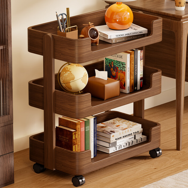 Lin's boy all solid wood mobile storage rack floor-standing bookshelf living room wheeled trolley household snack rack multi-layer storage rack walnut color three-layer imported solid wood