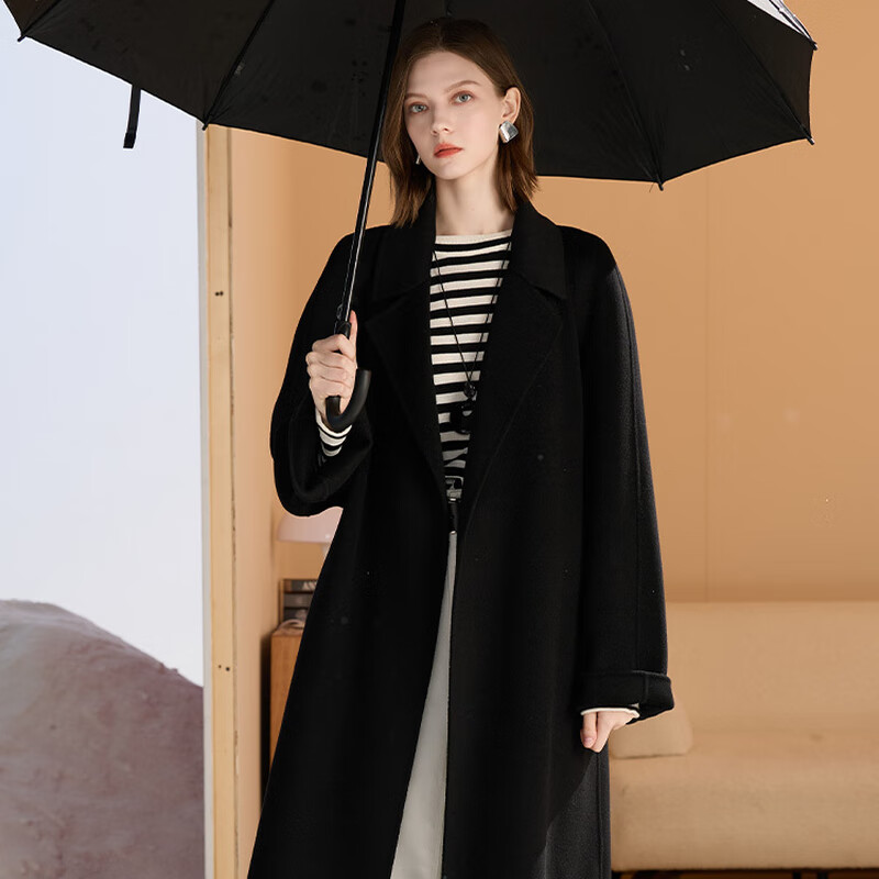 Tricolor 100 Sheep Wool 2025 Winter New Long Double-sided Wool Coat with Loose Lapel M Classic Black S 155/80A