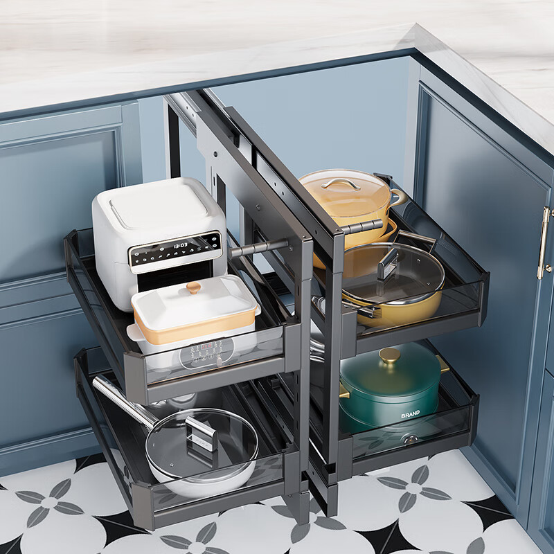 Huili Customized Kitchen Cabinet Corner Basket Full Pull-Out Little Monster Kitchen Built-in Bowl Basket Bowl Rack Rotating Seasoning Basket 400 Cabinets (Corner Door Panel Width) - Full Pull-Out Corner Multi-layer Open Door Type