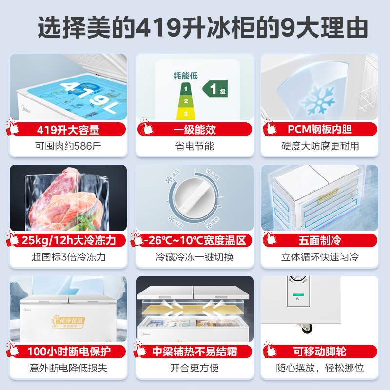 Midea 419L single-temperature household commercial freezer refrigerator-freezer dual-purpose large-capacity freezer first-class energy efficiency low-frost refrigerator JD.com self-operated BD/BC-419DKM national subsidy