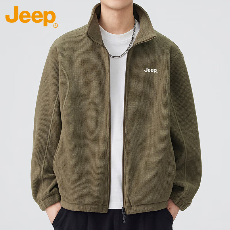 JEEP Jeep Polar Fleece Jacket Men's Autumn and Winter Cardigan Sweater Jacket Warm Top Men's Military Green XL
