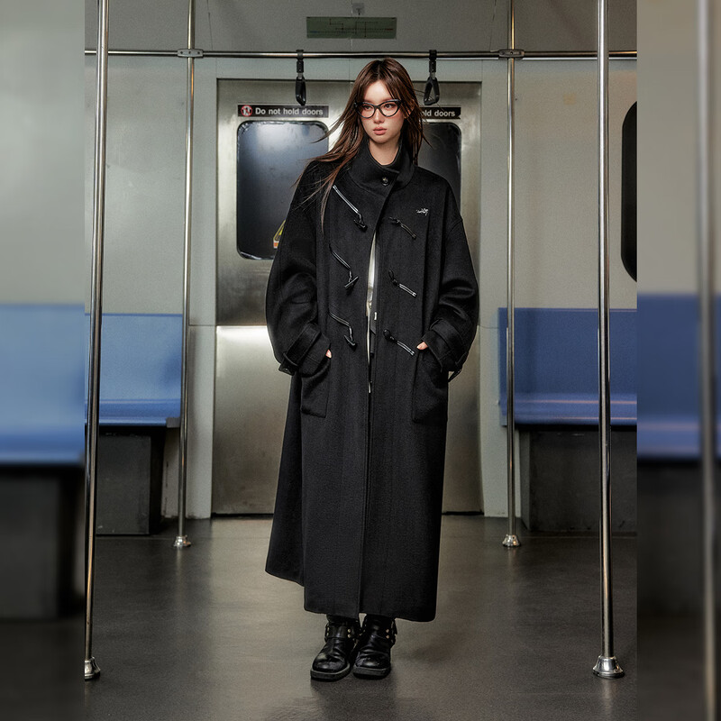 UNIFREE Stand Collar Woolen Coat Women's Autumn and Winter College Horn Buckle Loose Long Over-the-Knee Versatile Jacket Black L