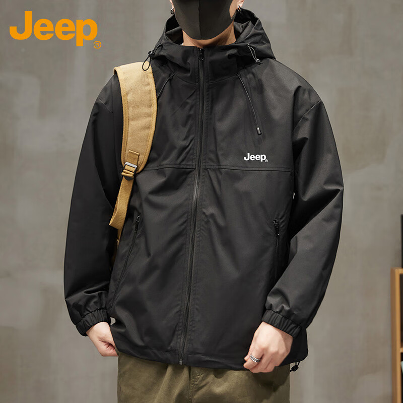 JEEP Jacket Men's Jacket Autumn and Winter Hooded Jacket Casual Fashion Tops Men's Black XL