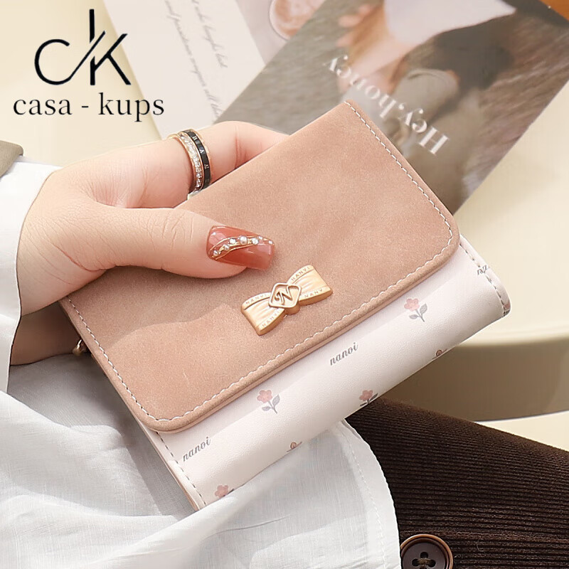 Casa-kupsCK wallet female 2025 Chinese Valentine's Day student small wallet folding Korean style bow short card holder coin purse light pink