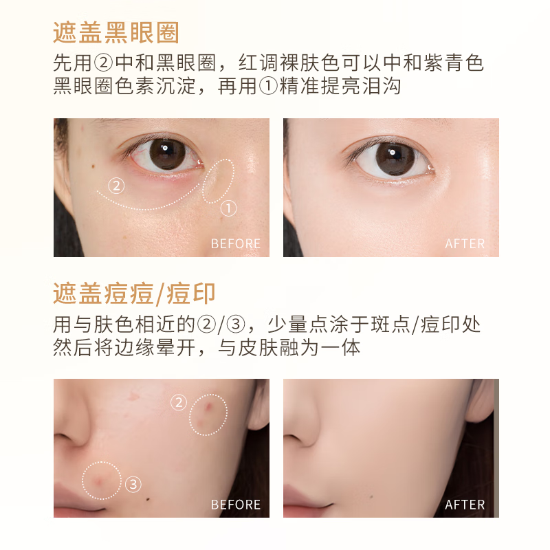 Miele's three-color concealer covers dark circles, tear troughs, acne marks, and does not stick to the nasolabial folds. The powder provides high coverage and is natural.