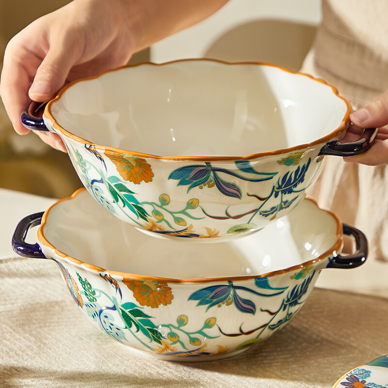 Black ceramic double-ear soup bowl household large rice bowl high-looking large bowl noodle soup bowl snail rice bowl original household soup rice bowl