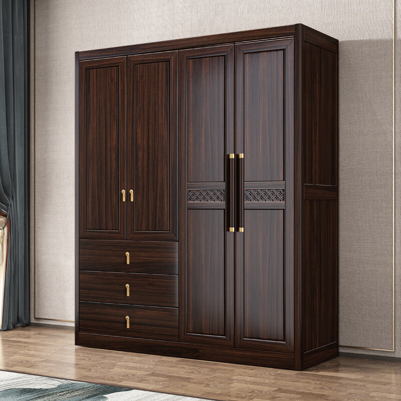Fanyi Wardrobe New Chinese Style Black Gold Wood Wardrobe Bedroom Cabinet Solid Wood Wardrobe Storage Cabinet Wardrobe Combination Furniture Six Door Wardrobe (With Center Drawer) + Top Cabinet + Side Cabinet Black Gold Wood