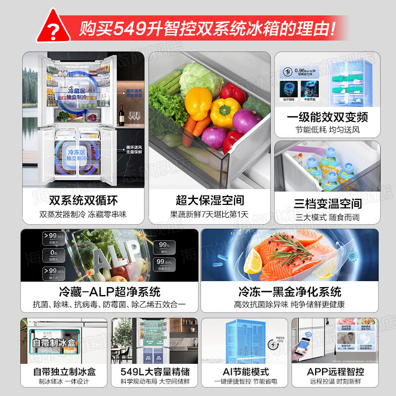 Haier's new product Xiaohonghua 2.0 dual-system 549-liter refrigerator first-class energy efficiency dual-frequency dual-cycle air-cooled frost-free cross four-door four-door double-door household refrigerator dual-system no odor | refrigerated and frozen full area purification | 549-liter large capacity
