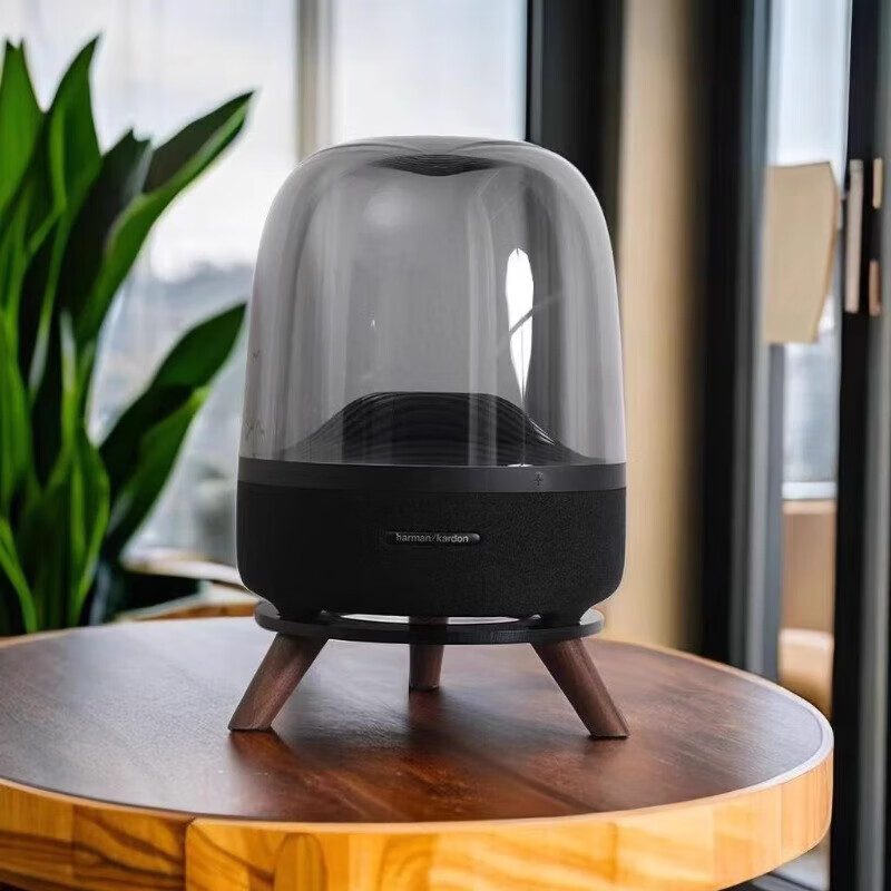 Microboat Harman Kardon audio stand glass 4/3 generation crystal 4 solid wood base fourth generation shelf Bluetooth audio stand desktop subwoofer speaker accessories thickened shock-absorbing tray black tray + walnut color legs without light
