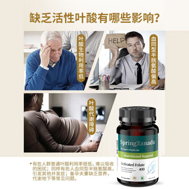 SpringXanadu Active Folic Acid Tablets Men's Homocysteine-lowering Cardiovascular Pentamethyltetrahydrofolate B9 for Middle-aged and Elderly People Imported-60 Tablets*1 Bottle 5methyltetrahydrofolate