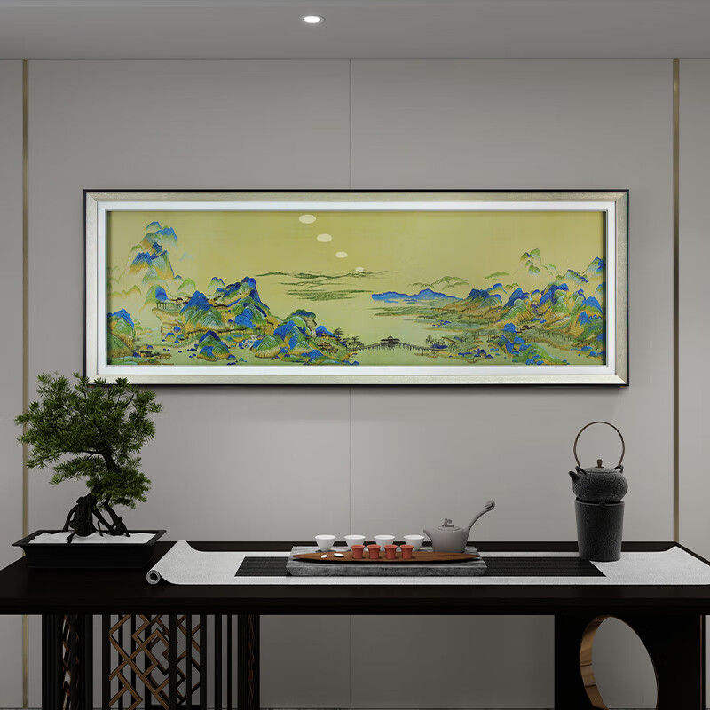 Painting Qingyan three-dimensional embroidery Thousand Miles of Rivers and Mountains horizontal version decorative painting modern Chinese style living room sofa background landscape mural Su embroidery