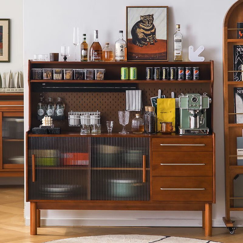 Fu Zhen solid wood sideboard Nordic all-in-one storage wall living room wine cabinet tea multi-function storage cabinet with electric rail 80cm+ hole board style medium antique color