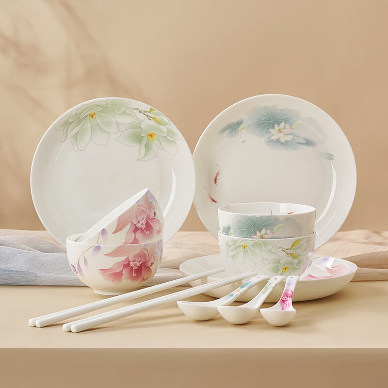 Huaguang bone china bowl set, Chinese ceramic bowl, plate and tableware set, lead-free cadmium antibacterial glaze, 8-piece tableware, Huahaoyueyuan, 8-piece