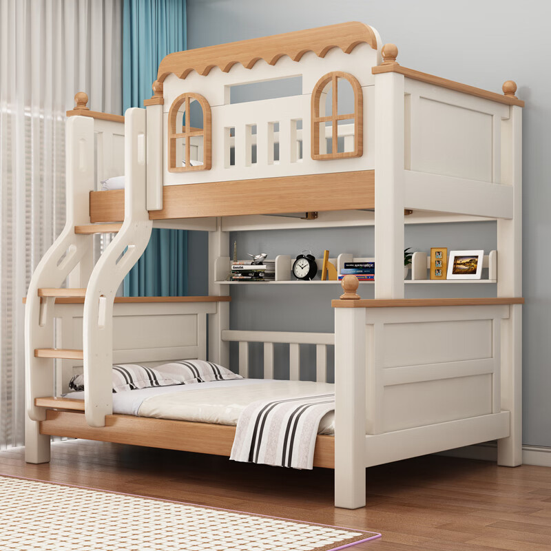 Solid wood high and low bed and bunk bed for adults, double bunk bed, bunk bed, bunk bed, children's bunk bed, mother and baby bed, cabinet ladder - double drawers - 5CM brown mat, upper bed width 150cm, bottom bed width 180cm (comes with bookshelf)