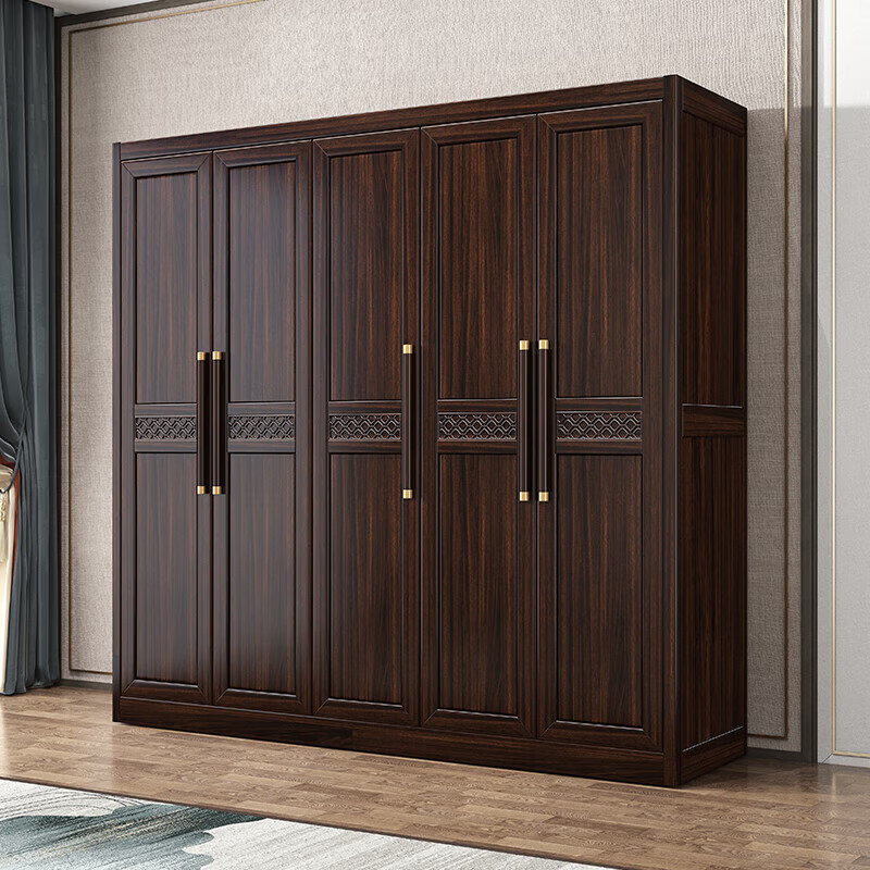Fanyi Wardrobe New Chinese Style Black Gold Wood Wardrobe Bedroom Cabinet Solid Wood Wardrobe Storage Cabinet Wardrobe Combination Furniture Six Door Wardrobe (With Center Drawer) + Top Cabinet + Side Cabinet Black Gold Wood