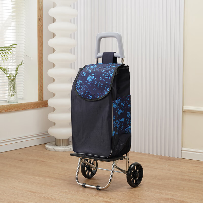 LNGA LANDGRE German imported high-quality stainless steel grocery cart small trolley household shopping cart artifact folding trolley convenient old PU bearing wheel brilliant blue bag 40*20*50cm
