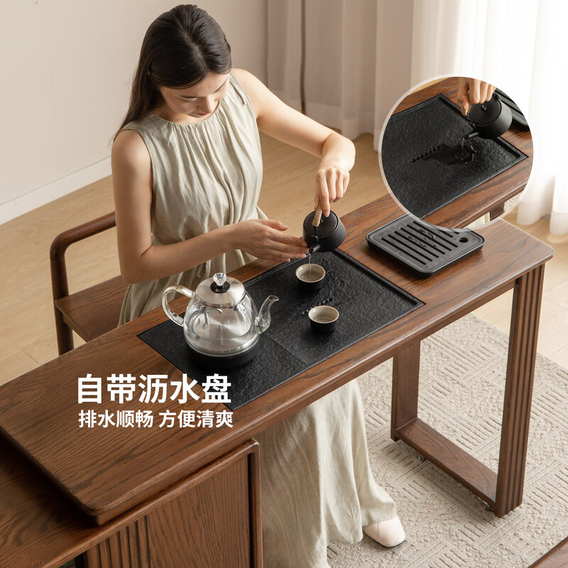Genji Muyu solid wood tea table living room new Chinese telescopic tea table tea making integrated home small apartment tea cabinet 1.5m + tea table