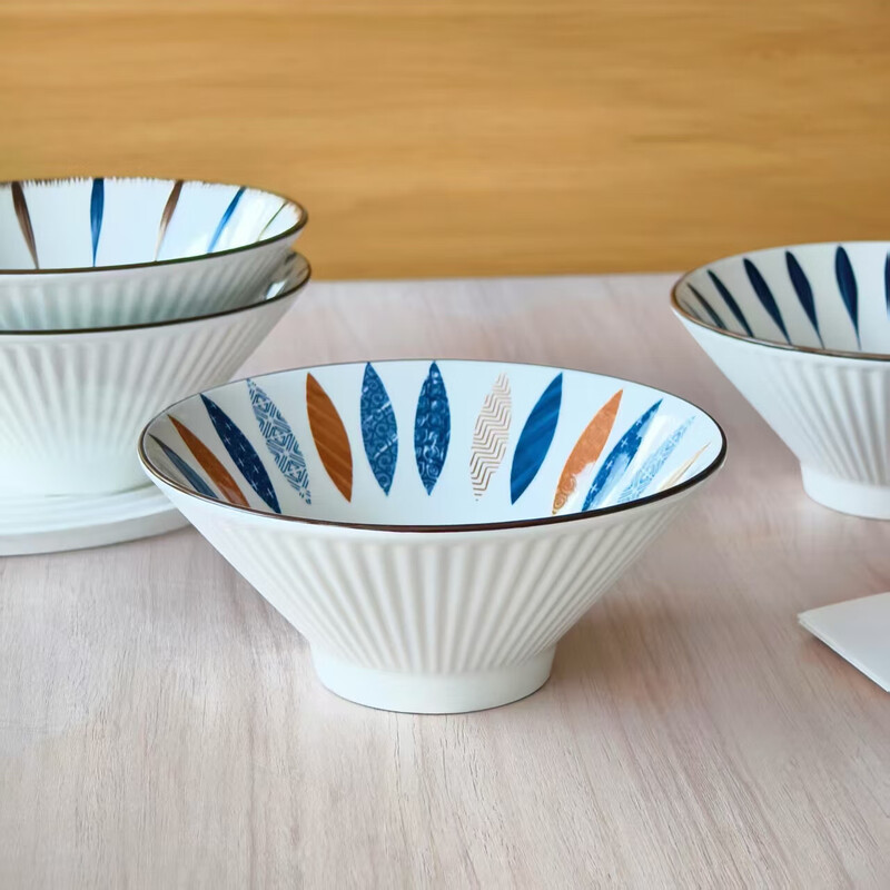 Nordic style 7-inch ramen bamboo hat ceramic instant noodle bowl tableware household Japanese soup bowl high foot color craft Japanese 7-inch bamboo hat bowl color 1 pack