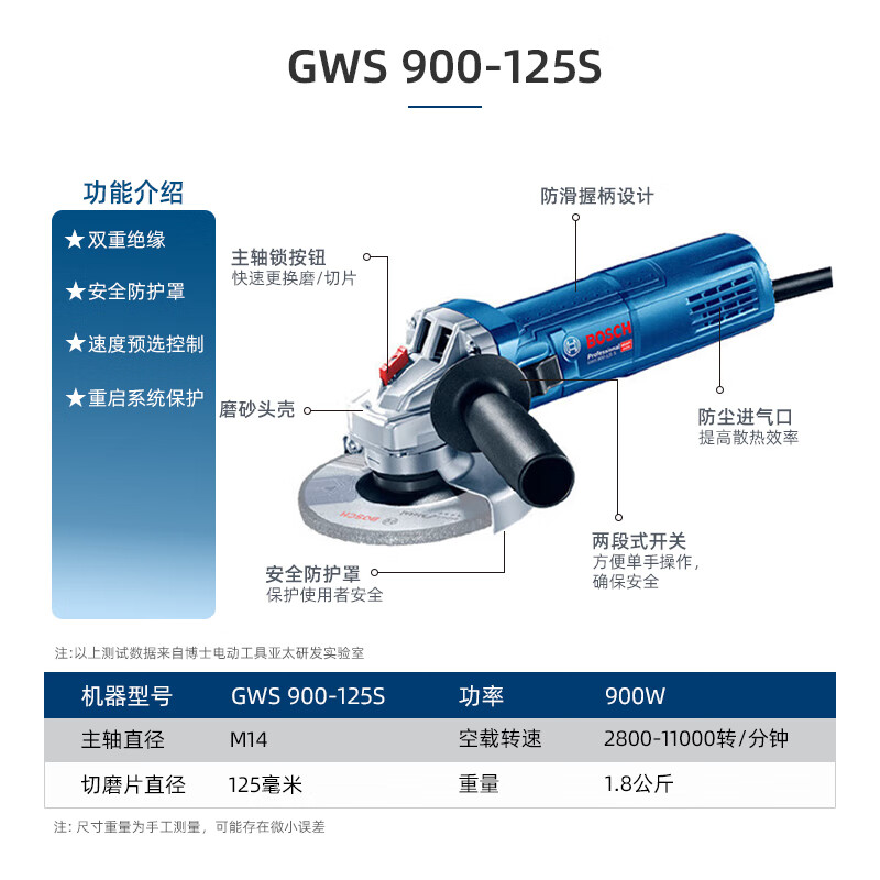 Bosch Bosch angle grinder GWS900-125 grinder polisher one-hand cutting machine 220V plug-in shaft diameter 14 GWS 900-125 S M14