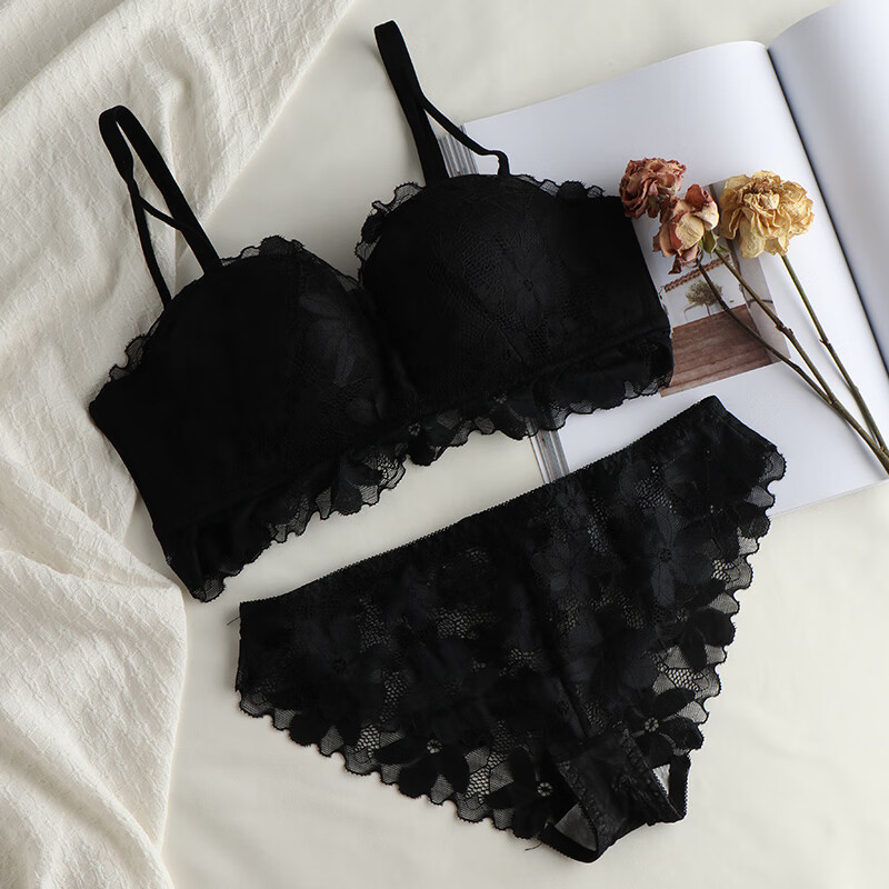 Aimu Autumn and Summer No Wires Gathering Beautiful Back Small Bra Adjustable Anti-Sagging Sexy Lace Underwear Women's Bra Set Black Bra + Panties 80B 36B