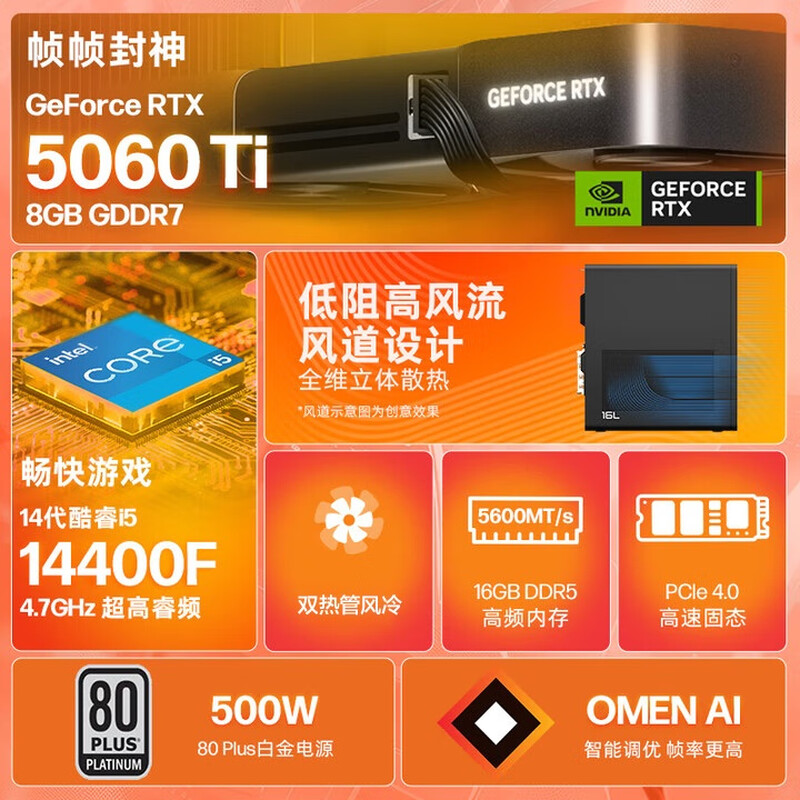 80% new HP HP Shadow Elf 11 desktop computer gaming desktop host (14th generation i5-14400F RTX5060ti 8G independent display 16G DDR5 1TB 500W) single host