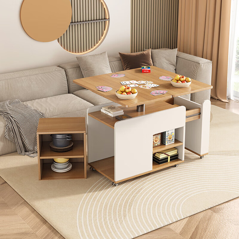 KNSJ Rotating Folding Coffee Table Telescopic Dining Table Living Room Sofa Side Multiple Simple Functions Trolley Movable Tea Cabinet Rotating Folding Coffee Table Wood Color