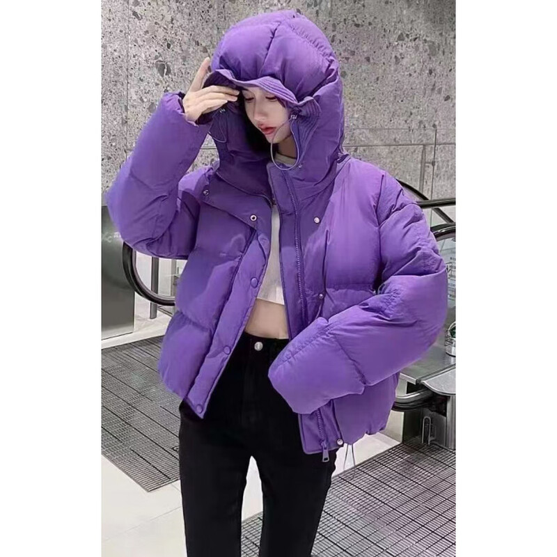 Flower bud temperament suit for women 2025 winter loose hooded thickened short bread suit black S 90-120 catties