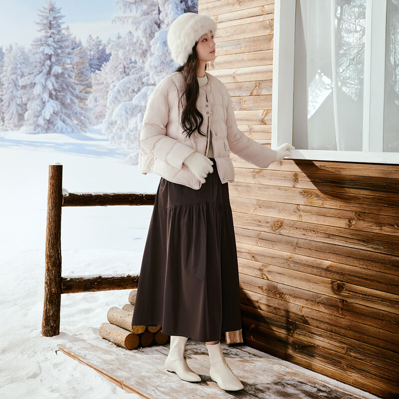 Xiangying Pink Lightweight Down Jacket Women's Short 2025 Winter New Plaid Splicing 90 White Duck Down Round Neck Jacket Light Pink S 155/80A/85-95 Jin