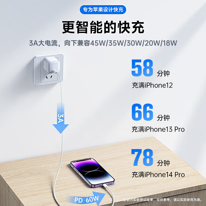 Original genuine Apple charging cable adapted to original PD60W genuine fast charging data cable iPhone14/13promax/12/11/8/XR mobile phone 45W charger Original genuine Apple 60W丨1 meter PD fast charging cable Apple 8-14 series
