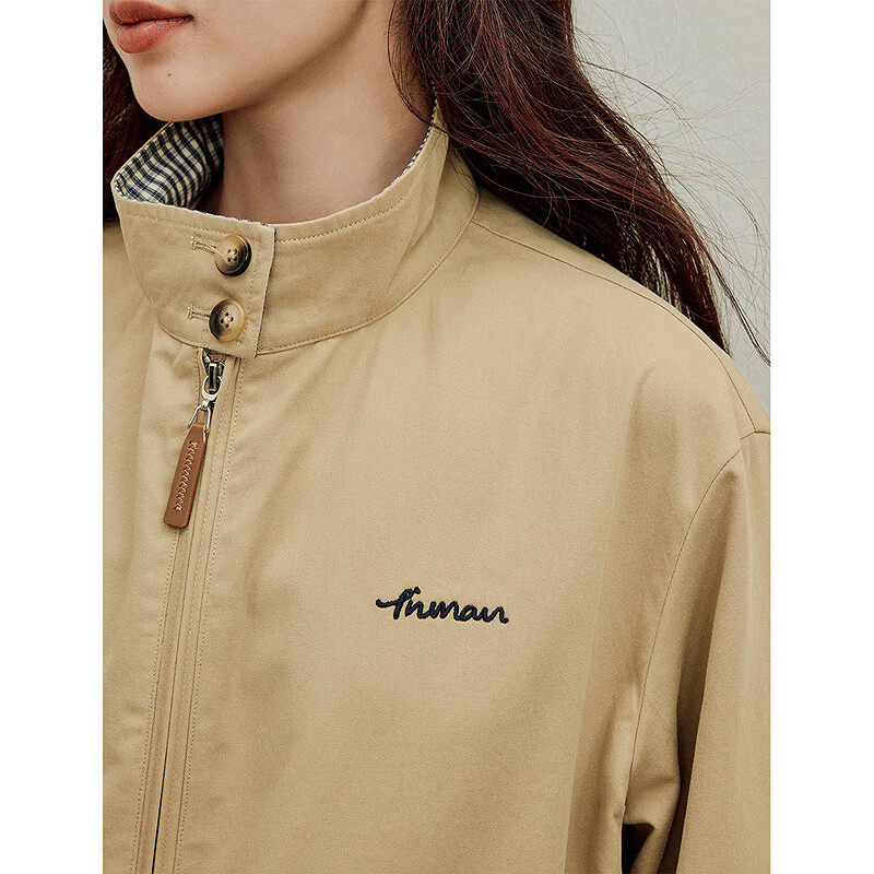 Inman Contrast Color Plaid Stand Collar Pure Cotton Embroidered Jacket 2025 Autumn Women's New Jacket Top Khaki M